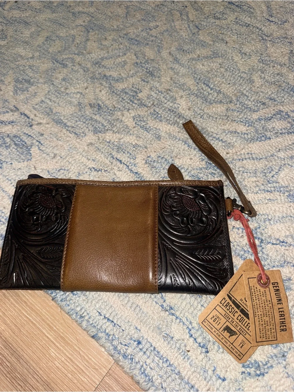 STS Ranchwear Brown and Black Tooled Leather Wristlet Clutch
